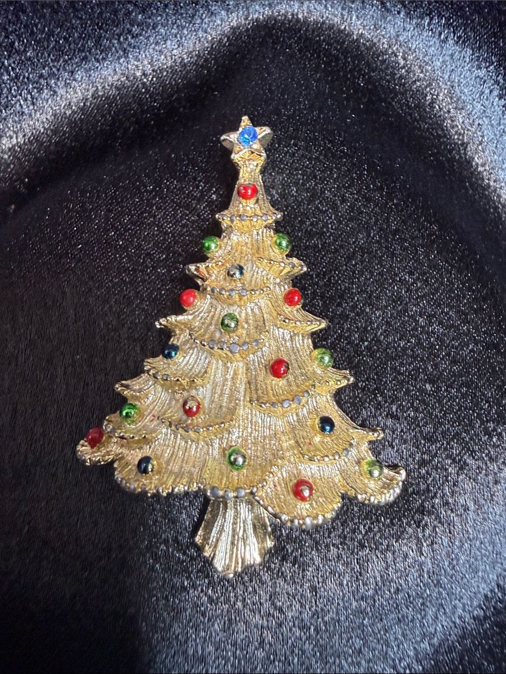 Gold Christmas Tree Brooch with Multicolored Accents